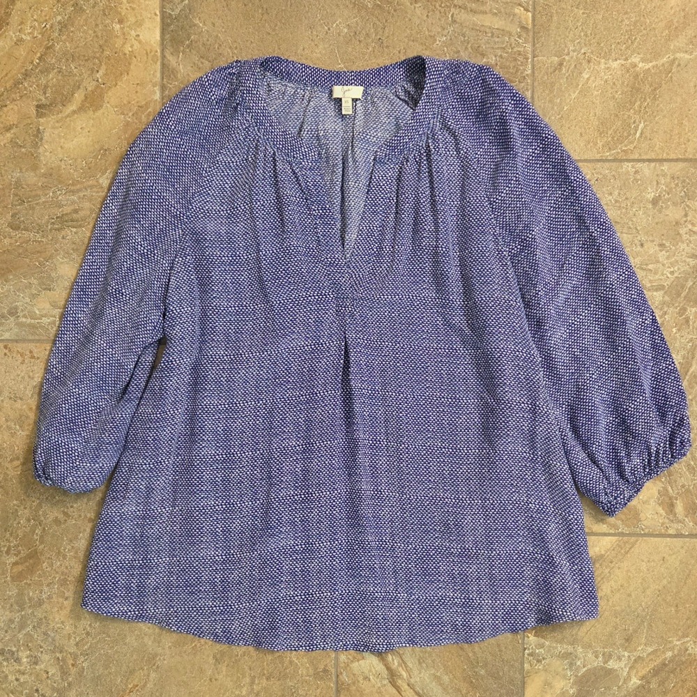 Joie Silk Blouse Blue White Geometric Print Split Neck 3/4 Sleeve T56-22097B XS